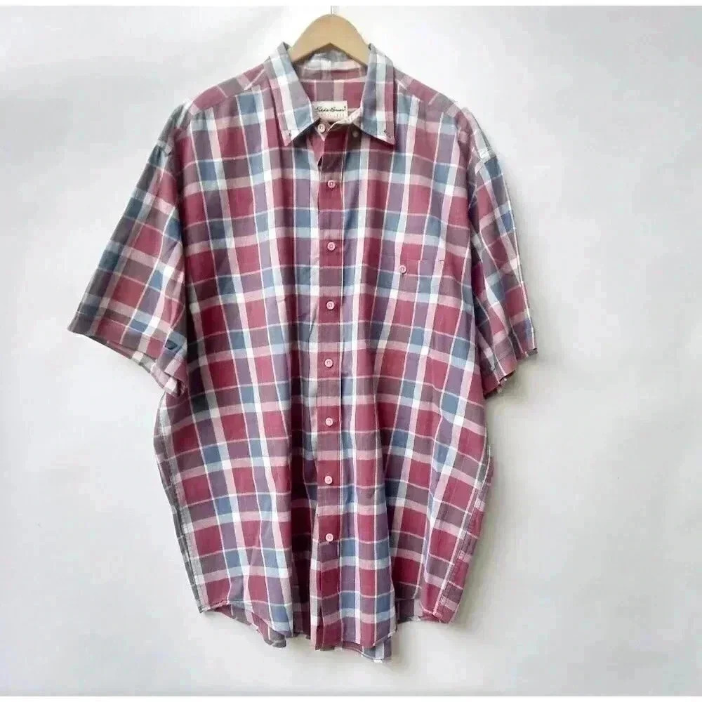 Eddie Bauer Men's Cotton Red /Blue Plaid Short Sleeve Shirt XL / XG